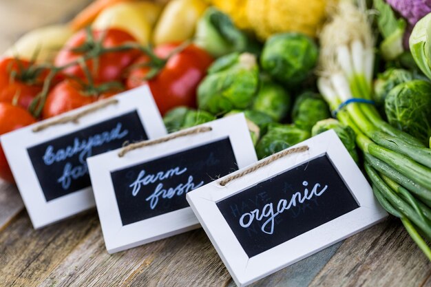 Fresh organic vegetable in season on old farm table.