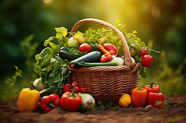 Fresh organic vegetables arranged in a basket against a natural backdrop