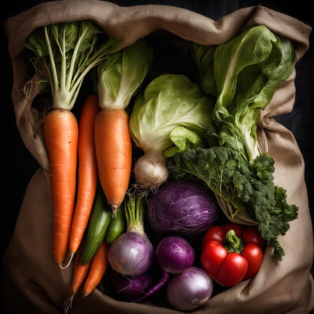 Photo fresh organic vegetables in a bag healthy food concepta set of different fresh vegetables on black