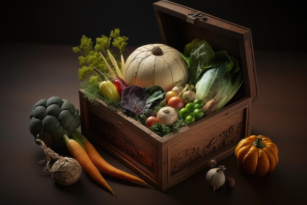 Fresh organic vegetables from garden in old rustic wooden box healthy food concept AI Generation