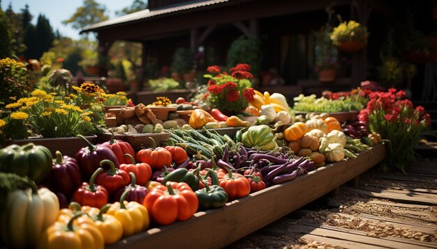 Foto verdura fresca biologica, frutta e fiori colorati in vendita all'aperto generati dall'intelligenza artificiale