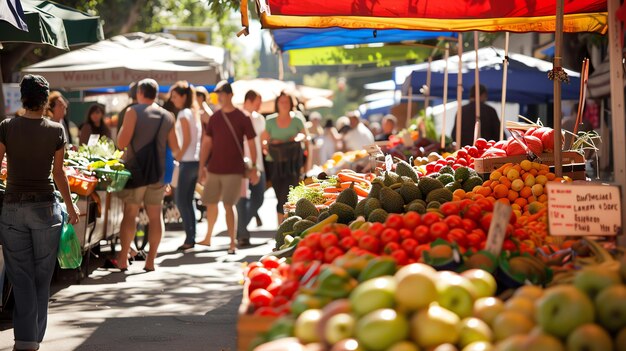 Foto verdure e frutta fresche e biologiche in un mercato agricolo locale