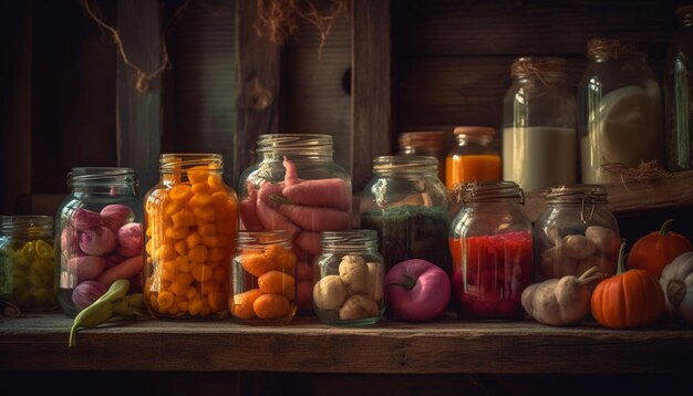 Fresh organic vegetables and fruits on rustic table generated by AI