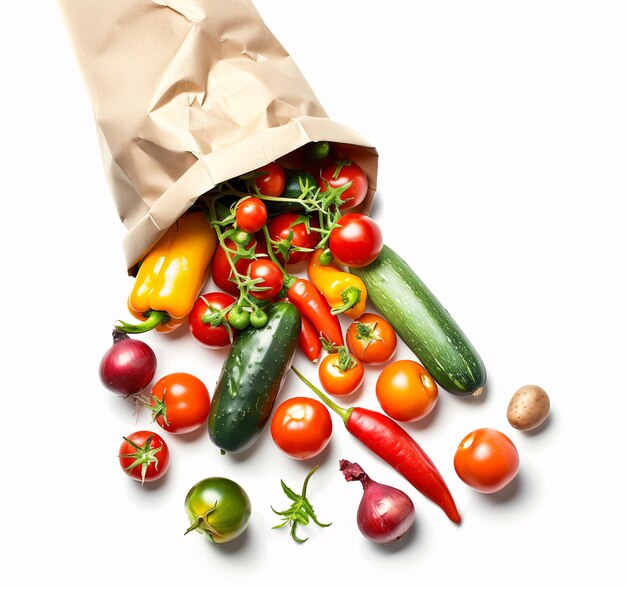 Fresh Organic Vegetables and Fruits Spilling from EcoFriendly Paper Bag on White Background