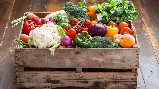 Foto verdure e frutta fresche biologiche in cassa di legno