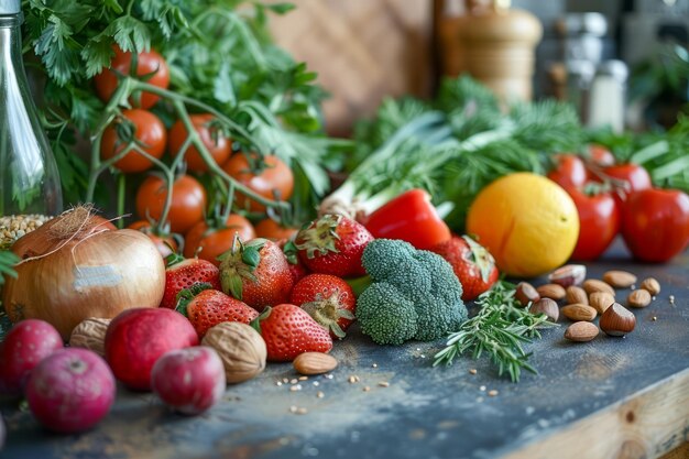 건강한 식습관과 영양 개념을 위한 목조 주방 테이블에 신선한 유기농 채소와 과일