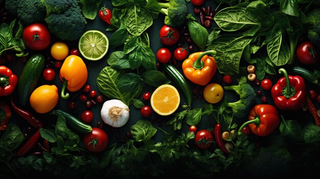 Fresh organic vegetables and greens background Healthy Mediterranean diet Generative AI