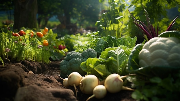 Photo fresh organic vegetables grown in a lush green vegetable