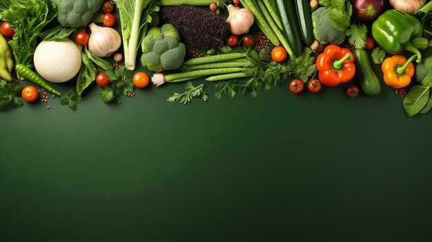 Фото Свежие органические овощи на зеленом фоне верхнее и нижнее место для textai generative ai