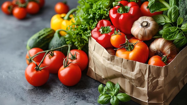 Fresh organic vegetables in a paper bag on a dark table healthy food shopping concept farm produce and grocery delivery AI