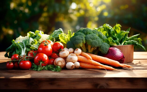 Photo fresh organic vegetables rustic table on outdoors ai generative