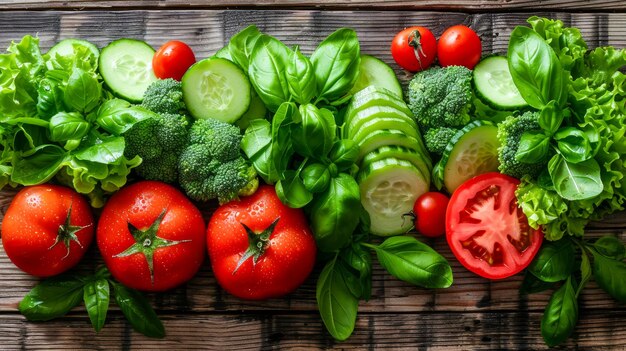 Photo fresh organic vegetables on rustic wooden background tomatoes lettuces cucumbers and basil for