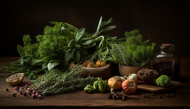 Fresh organic vegetables on rustic wooden table generated by AI