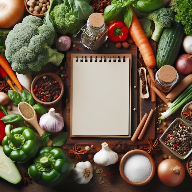 Свежие органические овощи и специи на деревянном фоне и белой пустой бумаге для записок