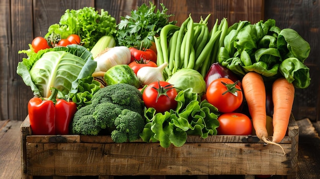 Photo fresh organic vegetables in a wooden crate on a rustic wooden background