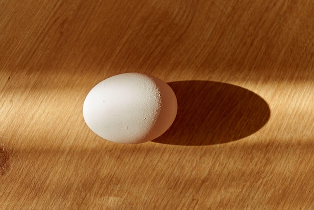 Fresh organic white egg on a wooden kitchen counter in daylight.