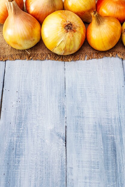 Fresh organic yellow onions on sackcloth