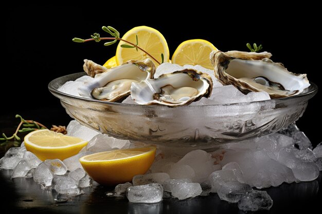 Photo fresh oyster on ice with lemon generative ai