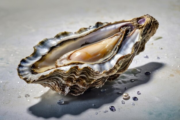 Photo fresh oyster with pearls on icy surface