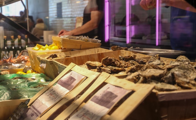 Fresh oysters in a market