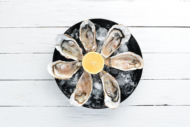 Fresh oysters in a plate of ice and lemon Seafood Top view Free copy space