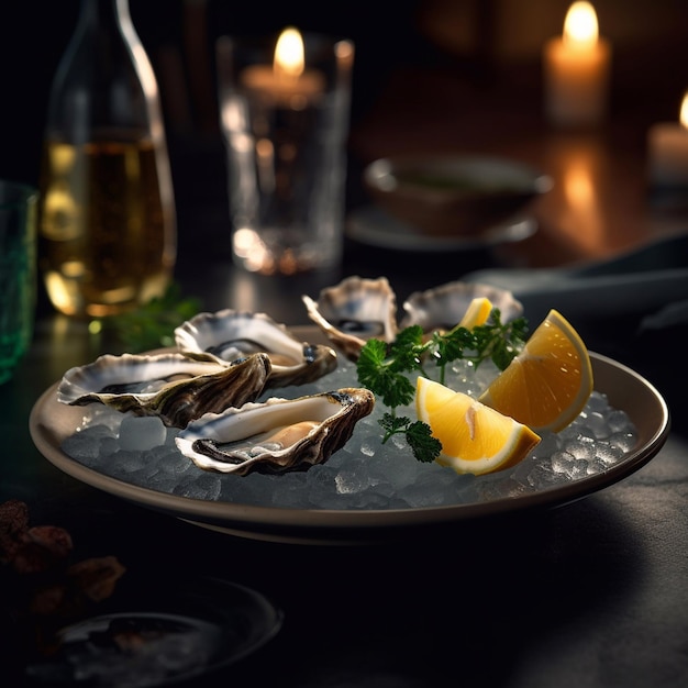 Fresh oysters on a plate with ice and lemon Serving oysters in a restaurant Generative AI