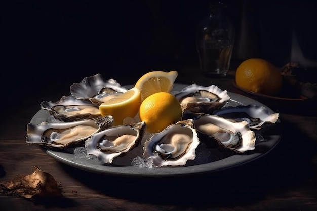 Fresh oysters on a plate with ice and lemon Serving oysters in a restaurant Generative AI