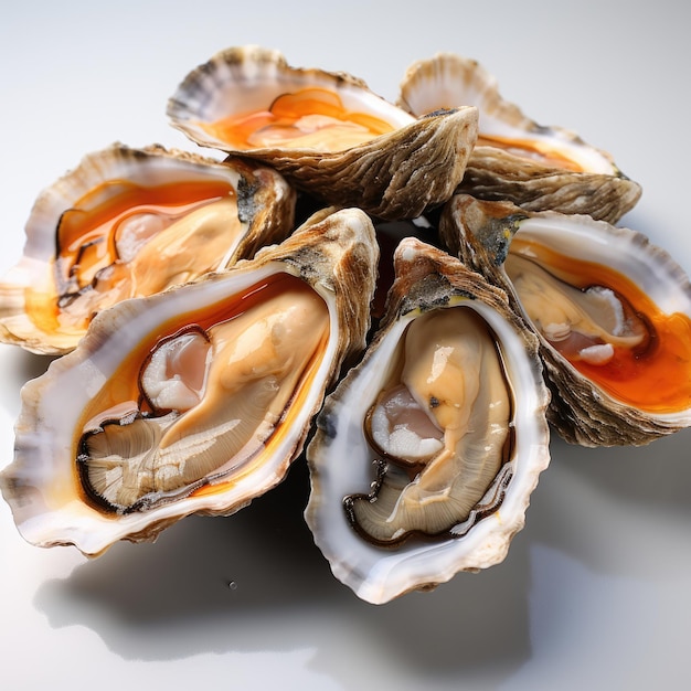 Fresh oysters seafood served with shell and lemon vinegar sauce on a white background