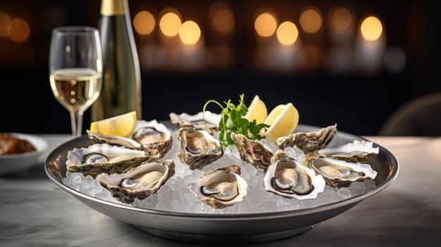 Fresh oysters served on ice with lemon and glasses of white wine copy space