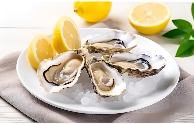 フードカードデザイン用の木のテーブルにレモンスライスを載せた白い皿に殻に入った新鮮な牡蠣