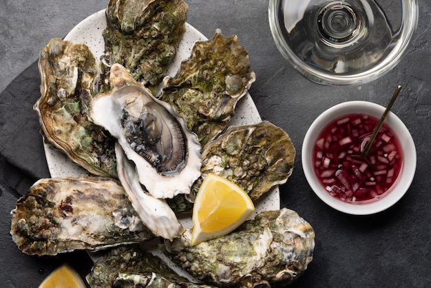 Fresh oysters with glasses of sparkling wine