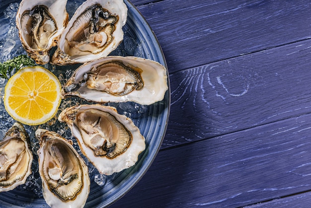 Ostriche fresche con ghiaccio al limone e vino bianco.