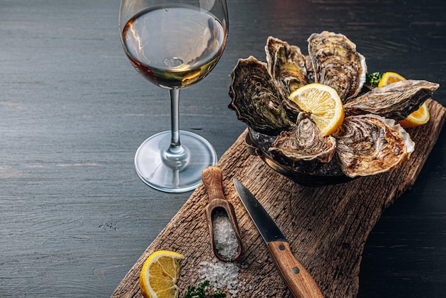 Fresh oysters with lemon ice and white wine