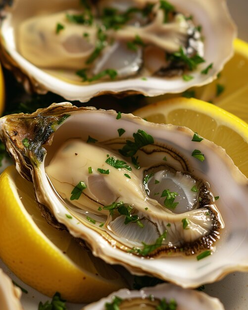 Fresh oysters with lemon and parsley on a yellow plate closeup