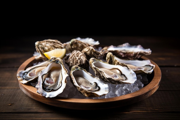 Fresh Oysters on a Wooden Plate