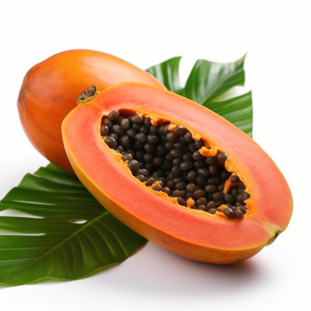 Photo fresh papaya fruit with leaf on white background