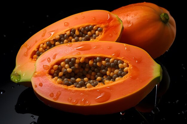 Fresh Papaya fruits seamless background visible drops of water overhead angle