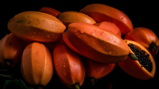 Fresh papaya with water splashes and drops on black background