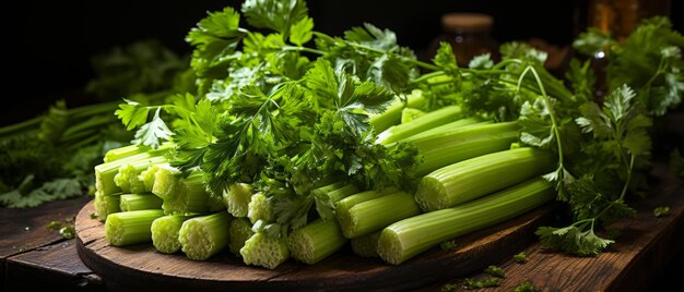 Fresh parsley and celery on a rustic wooden table