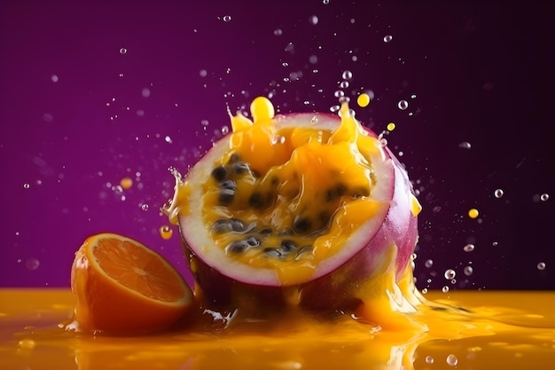 Fresh passion fruit flying with water splashes on bright color background