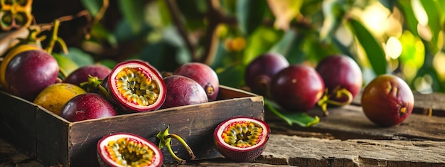 Fresh passion fruit with leaves in Wooden Box Tropical Fruits Free space for text