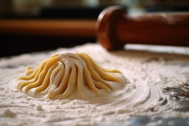 Photo fresh pasta dough resting on floured surface