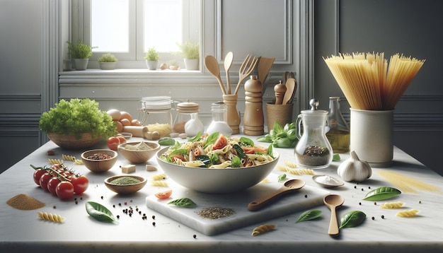 Fresh Pasta Salad on Marble Kitchen Counter