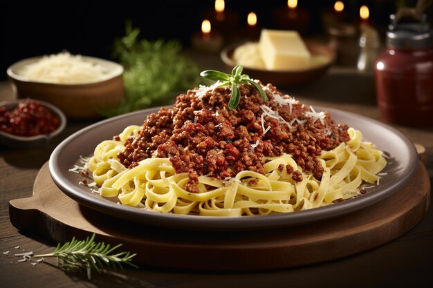Photo fresh pasta with hearty bolognese and parmesan cheese generated