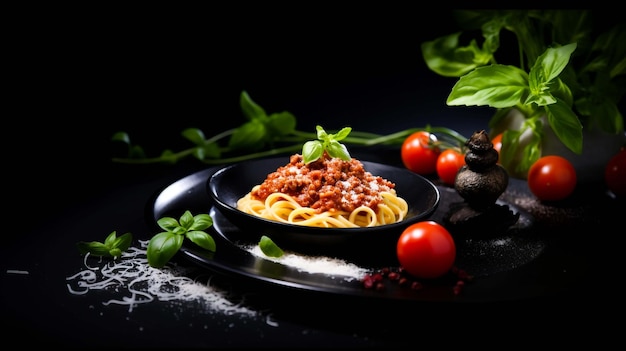 Foto pasta fresca con sostanziosa bolognese e parmigiano su fondo ligneo generato da ai