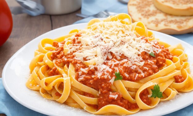 Fresh pasta with hearty bolognese and parmesan cheese