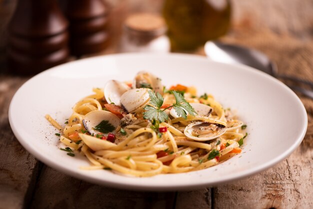 Fresh pasta with seafood close up