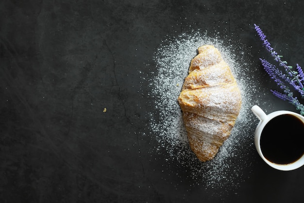 Fresh pastries on the table. French flavored croissant for breakfast.