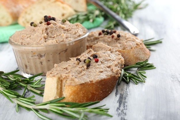 Fresh pate with bread on wooden table