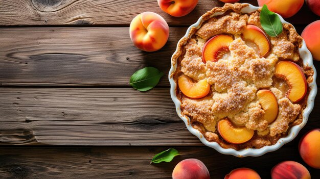 Fresh peach cobbler in baking dish on wooden table